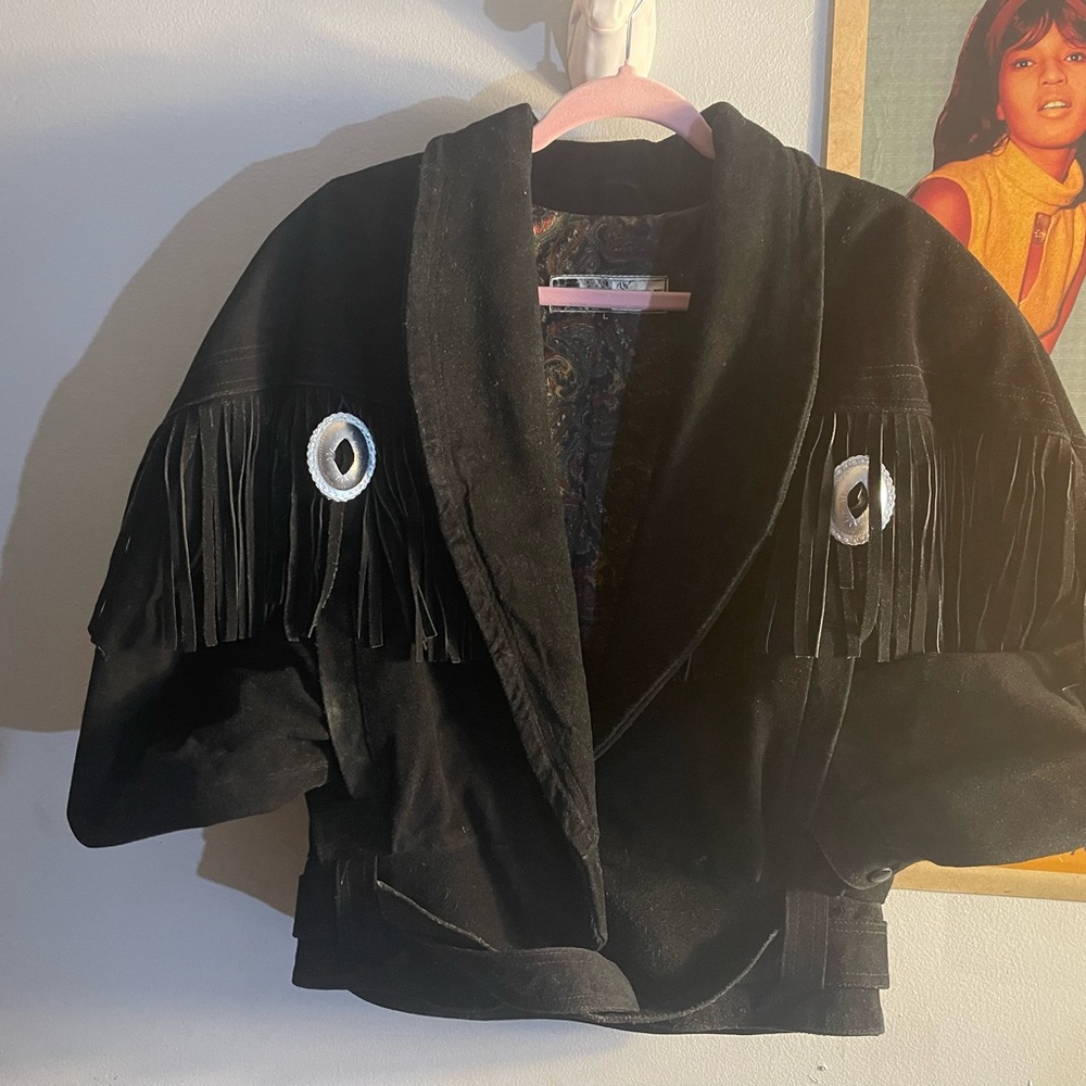 VTG 80s Black SUEDEFringe Jacket with Eye Details